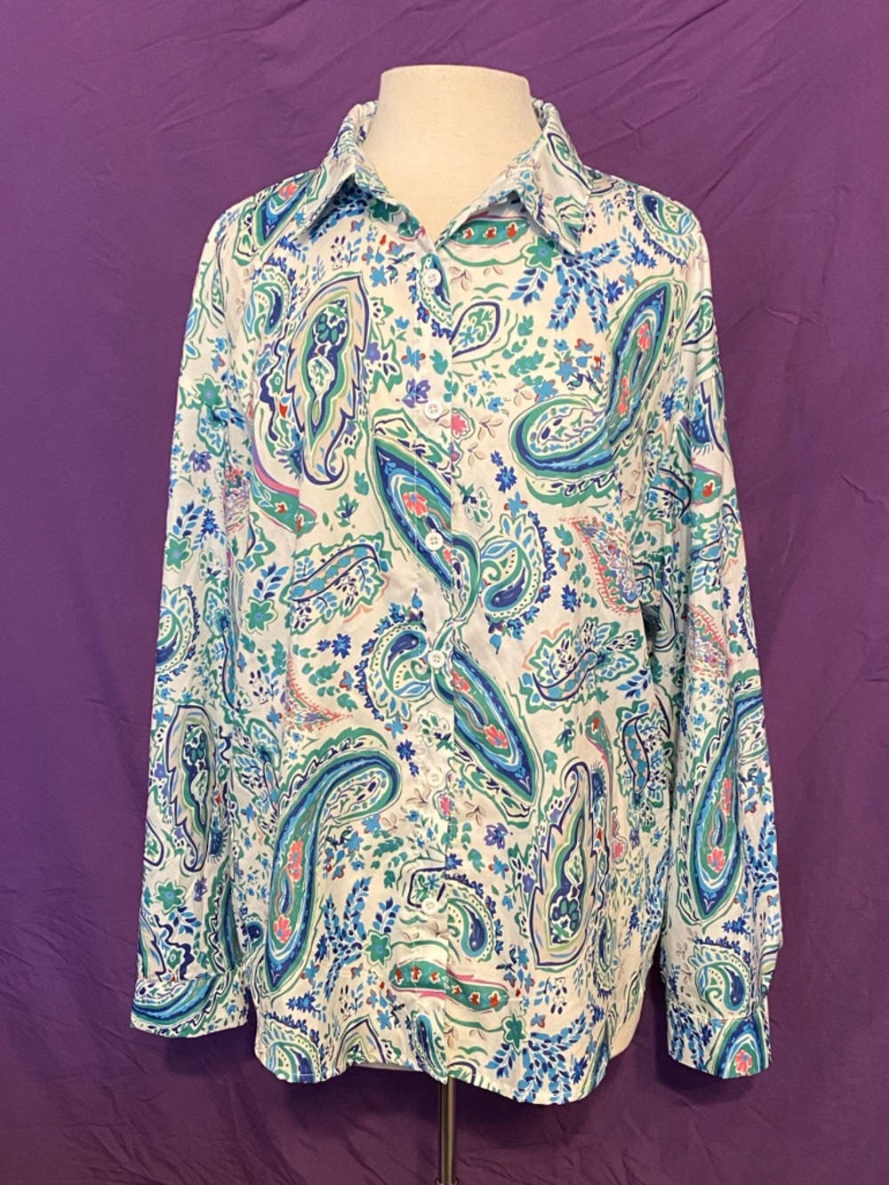Womens Paisley Button-Down Shirt in Teal and Blue. Size XL.